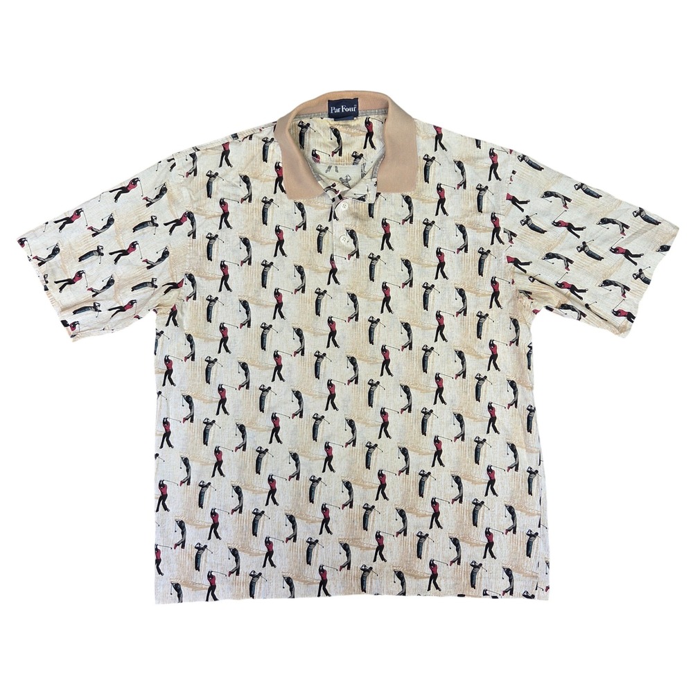Par Four Vintage Mens Large Golf All Over Print Cotton Polo Shirt Beige Novelty